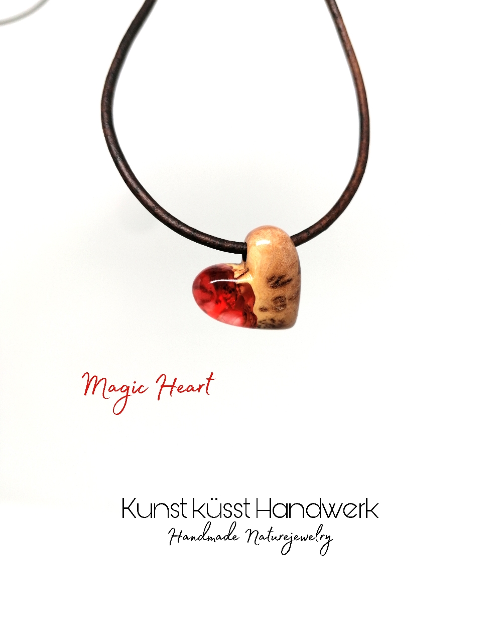 Lederkette mit Herz aus Magic Resin & Goldfield Maserholz! 