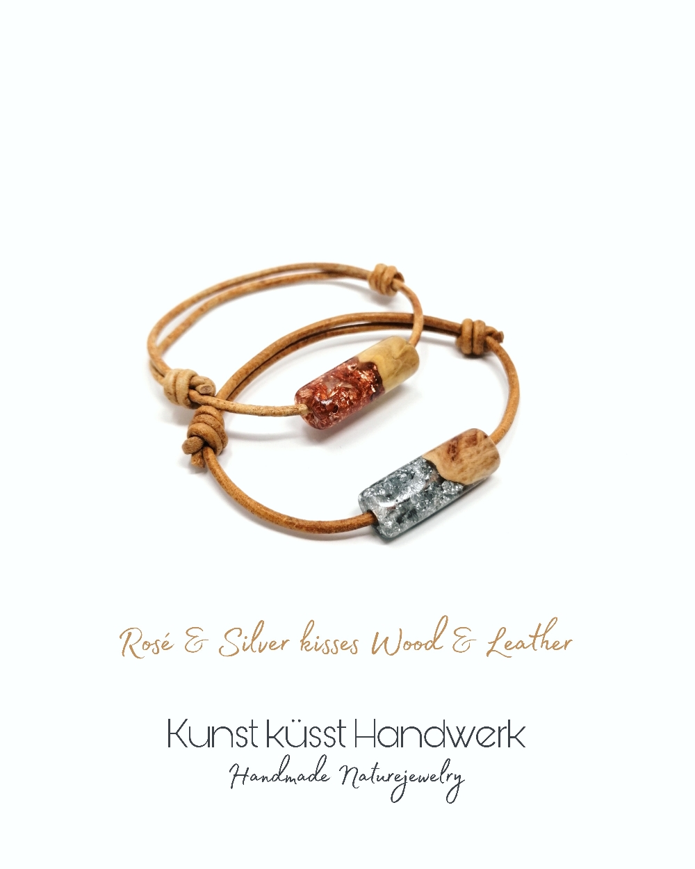 Lederarmband mit Stäbchen aus Blatt Metall in Diamond Resin & Goldfield Maserholz!