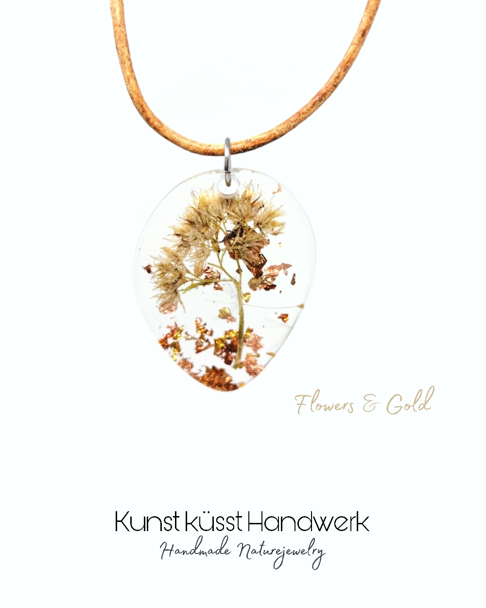 Lederkette mit Anhänger aus getrockneten Blüten & Blattgold verewigt in Diamond Resin! 