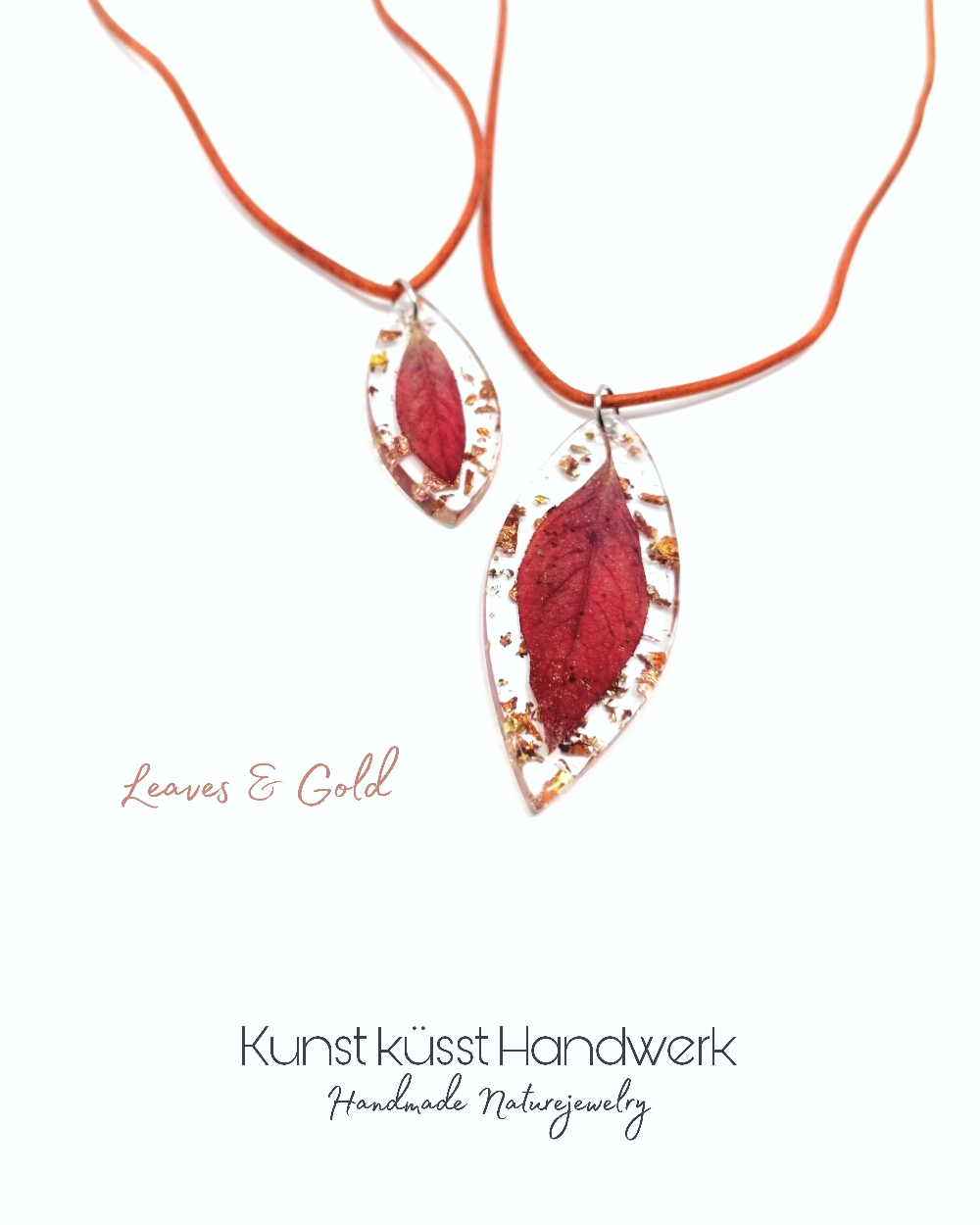 Lederkette mit Anhänger aus getrocknetem Blatt & Blattgold verewigt in Diamond Resin! 