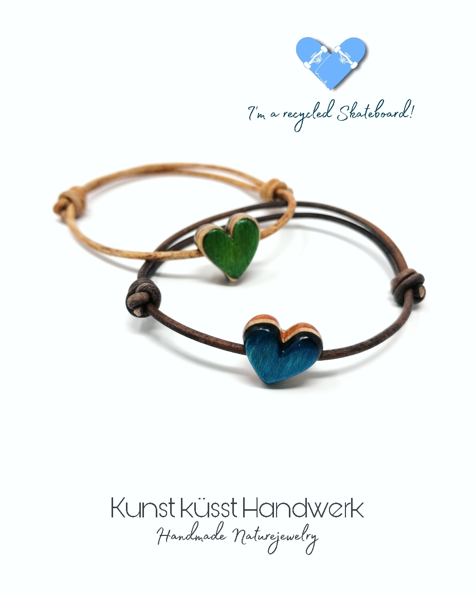 Lederarmband mit Herz aus recycelten Skateboards! 
