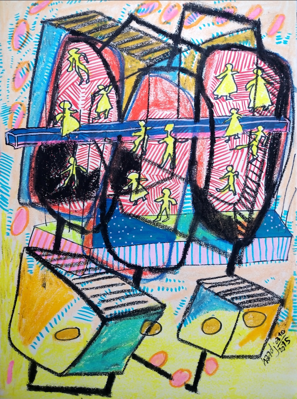 "Balance" dessin spontanée sur papier, pastel, feutre, posca 29,7x42cm 