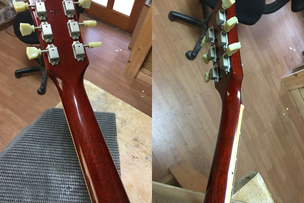 Gibson Les Paul ネック折れ修理　木目書きタッチアップ