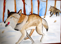 「オオカミ」6年　絵の具を器用に使い、繊細なタッチで描かれています。色遣いから冷えた冬のイメージもよく伝わってきますね。