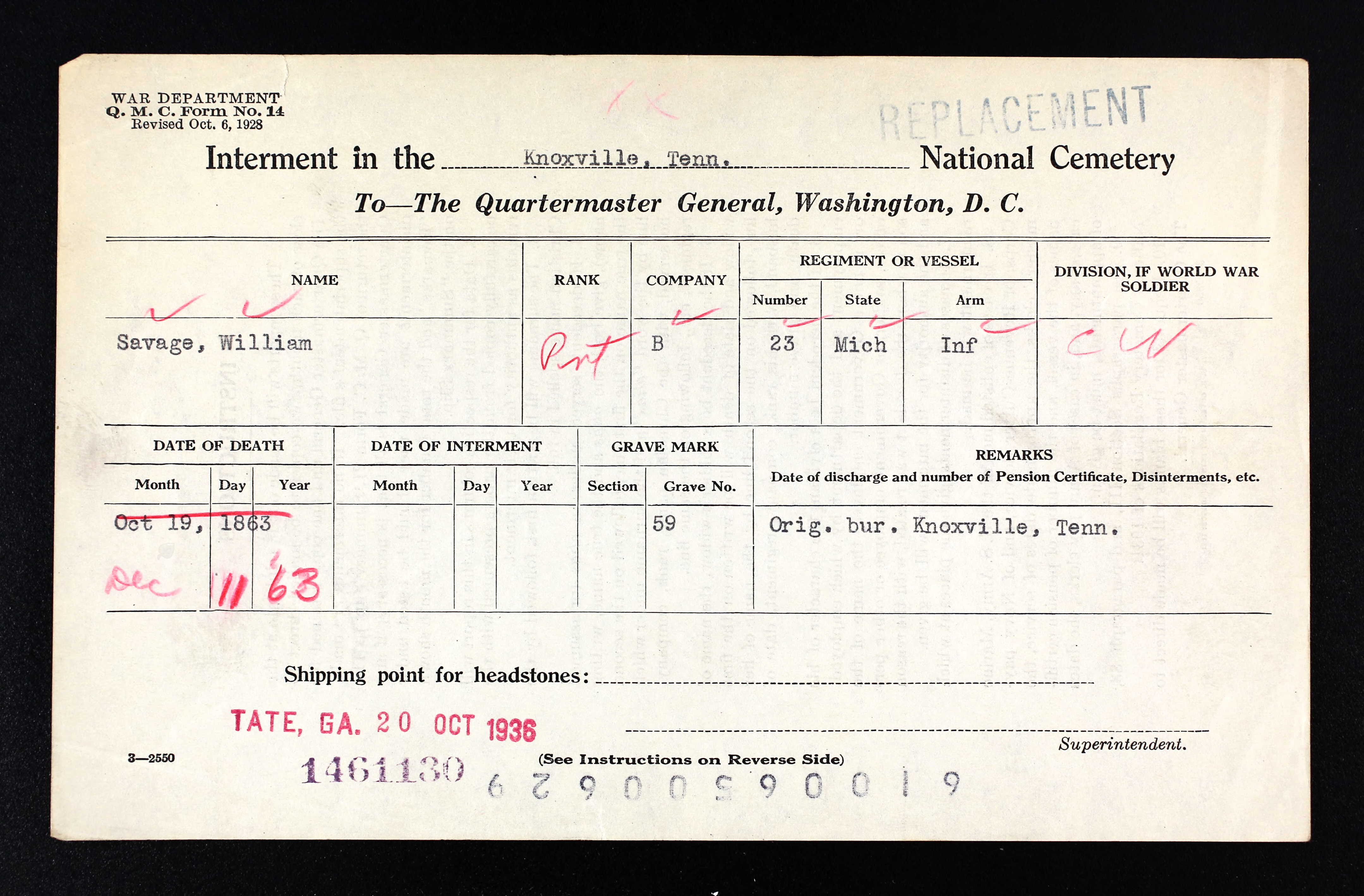 (William Savage, US National Cemetery Interment Control Forms)