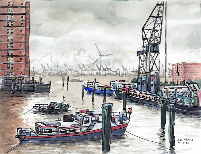 Hamburg, ships on the Elbe, Watercolor 2015 - Hamburg, Schiffe auf der Elbe, Aquarell 2015