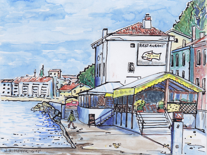  Restaurant on the beach of Piran, Watercolor 2015 - Restaurant am Badestrand von Piran, Aquarell 2015