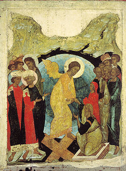 Сошествие во ад (предположительно икона Андрея Рублёва, 1408-1410г)