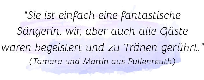 Bewertung zu Hochzeitssängerin Juli (Nürnberg): Sie ist einfach eine fantastische Sängerin, wir, aber auch alle Gäste waren begeistert und zu Tränen gerührt.