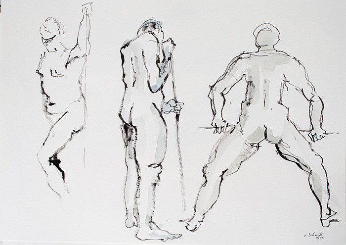 "3 männliche Akte, stehend", 2012, Bleistift & Aquarell auf Papier, 40 cm x 30 cm