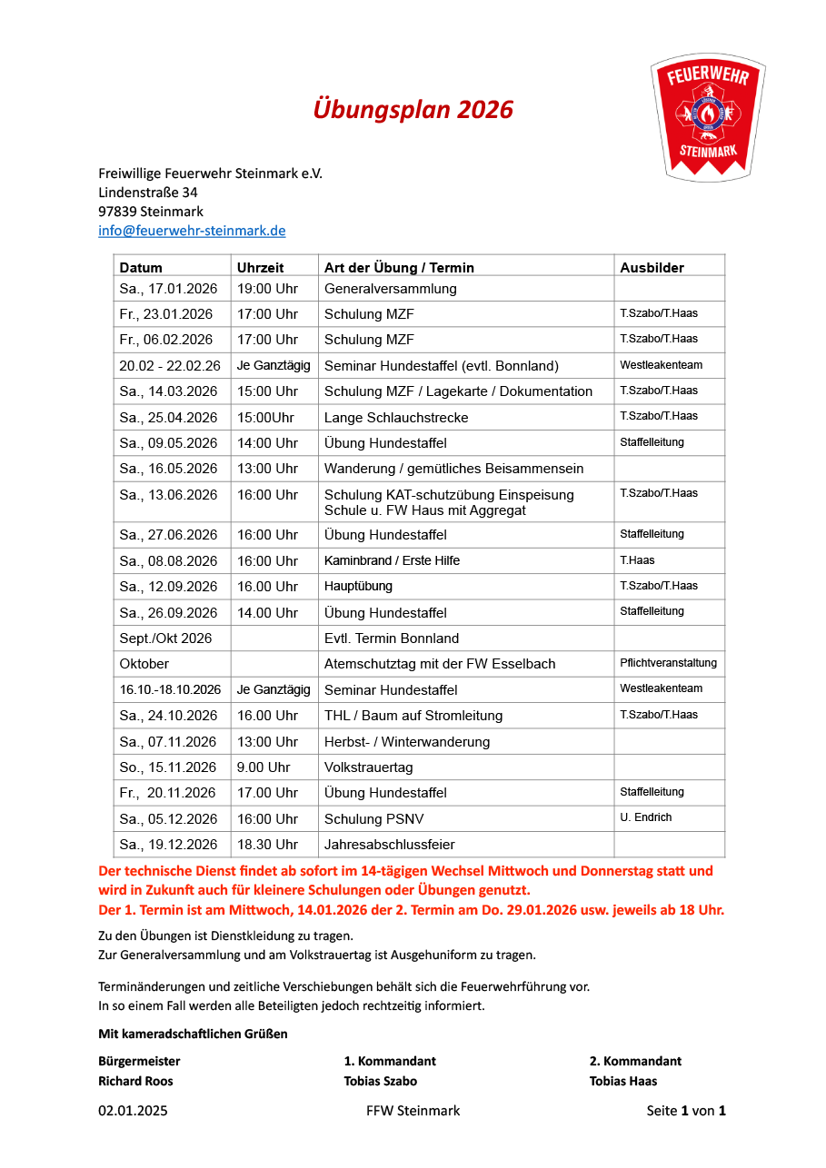 Der Übungsplan der Feuerwehr Steinmark für das Jahr 2026