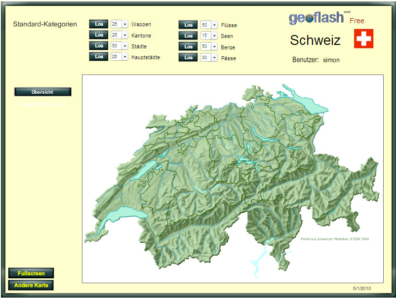 Geoflash: Kantone, Orte, Gewässer, Berge, Pässe, ... anklicken