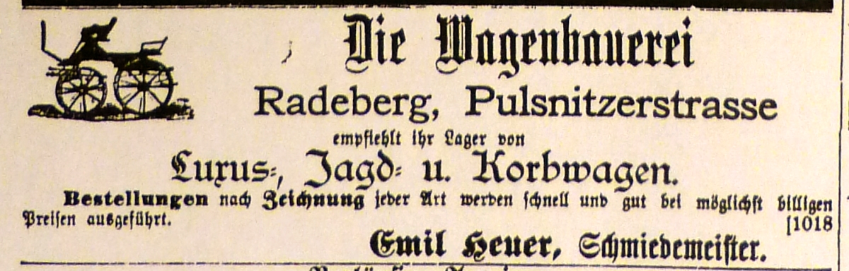Eröffnungsanzeige der "Wagenbauerei Emil Heuer" am 19. September 1885