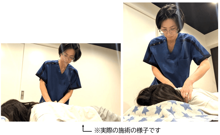 頭痛を改善する施術の写真です。仰臥位、側臥位、うつ伏せいろんな角度からアプローチします。
