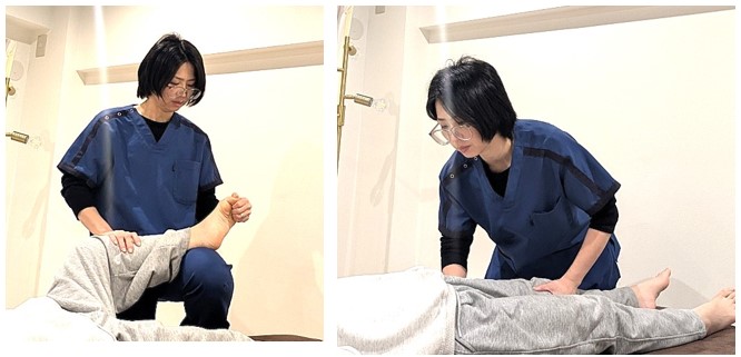 腰痛を改善する施術の写真です。仰臥位、側臥位、うつ伏せいろんな角度からアプローチします。