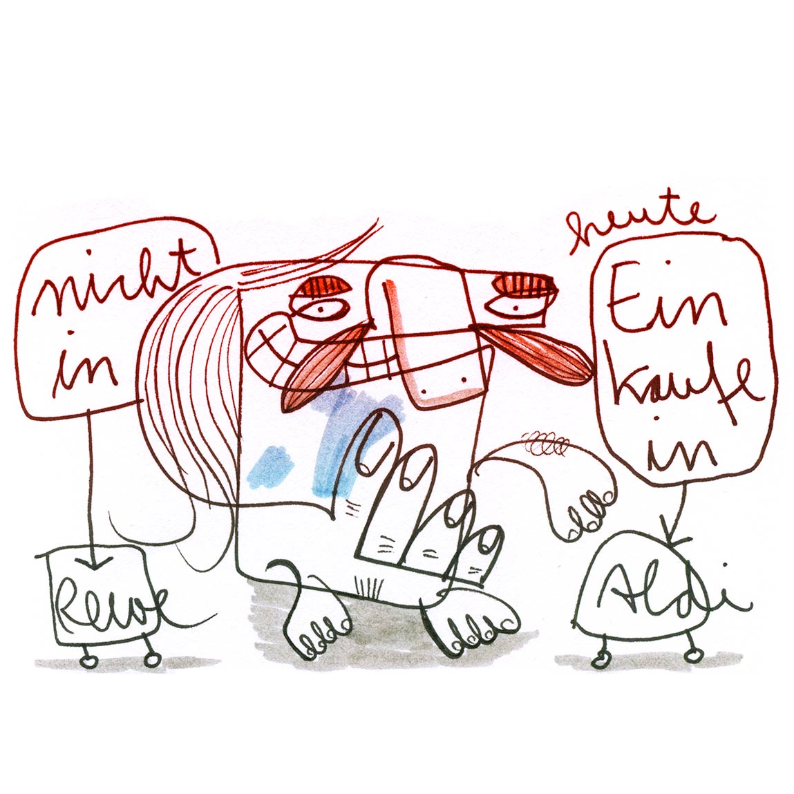 Skizze Einkaufstipp nicht Rewe sondern Aldi, Zeichnung mit Tusche von Frank Schulz Art, zeigt einen kleinen Comic Mann beim Einkauf