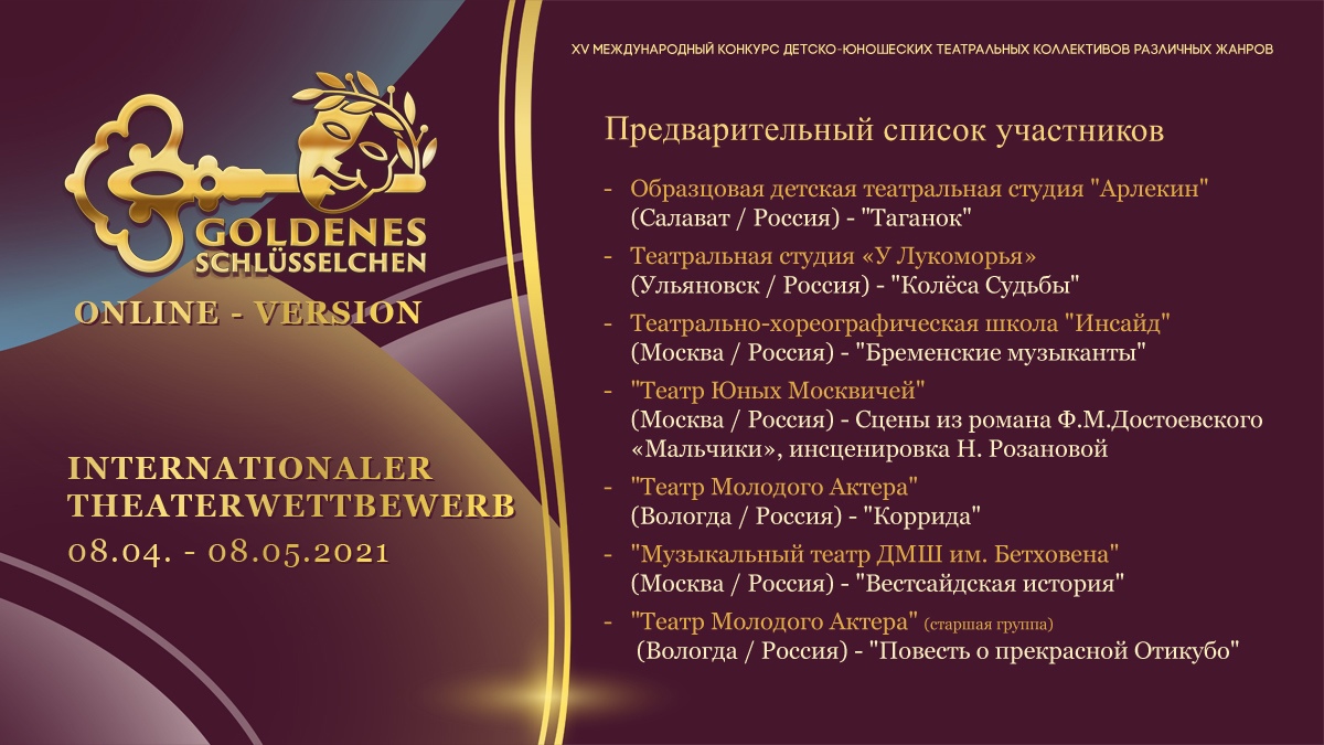 2021: Предварительный список участников театрального конкурса "Золотой ключик - Онлайн версия""