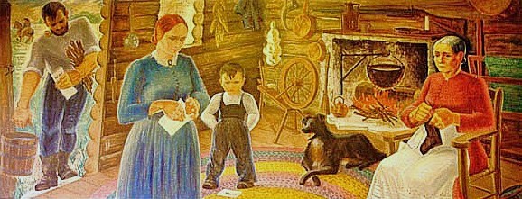 Bushnell, IL Post Office, WPA mural entitled "Pioneer Home in Bushnell" painted by Reva Jackman in 1939.
