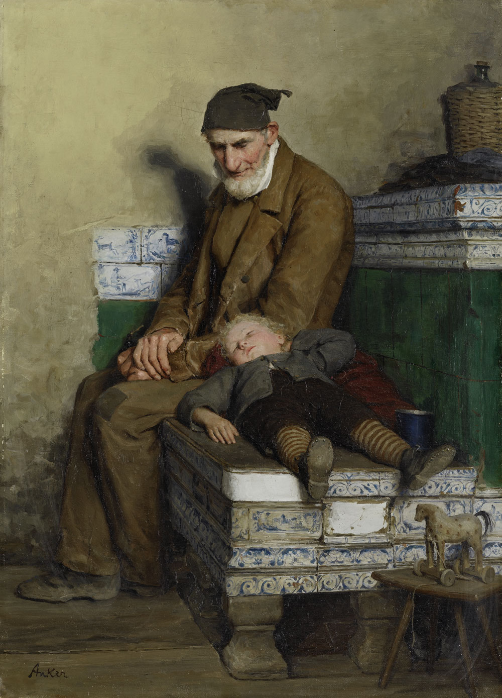 Albert Anker, Der alte Feissli mit Kind auf der Ofenbank, sold for CHF 2.28 Mio.