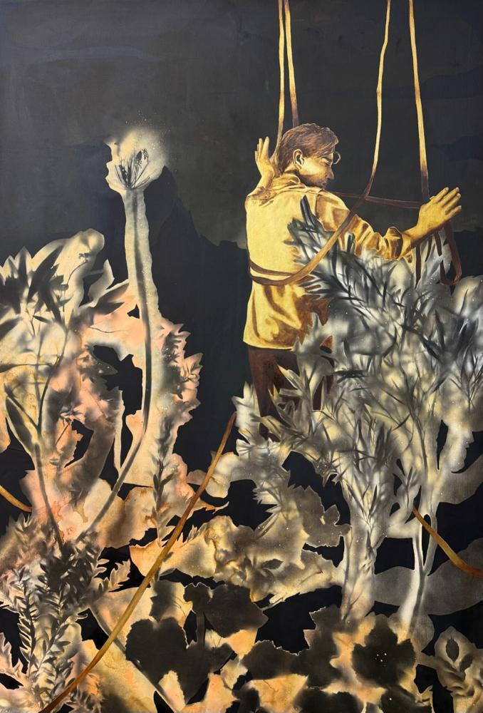 Das Versteck 2, Acryl und Tusche auf Leinwand, 200x140 cm, 2025