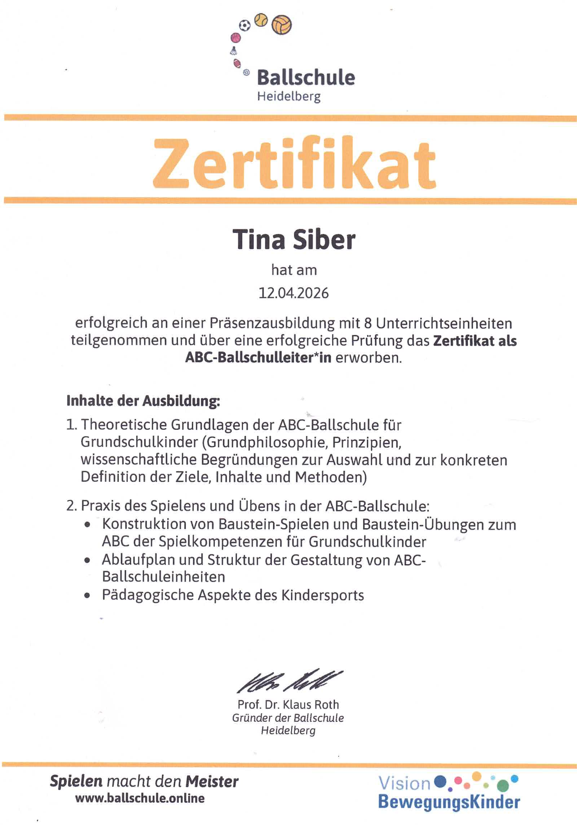 Ballschule Heidelberg - ABC-Ballschule - Zertifikat 2026