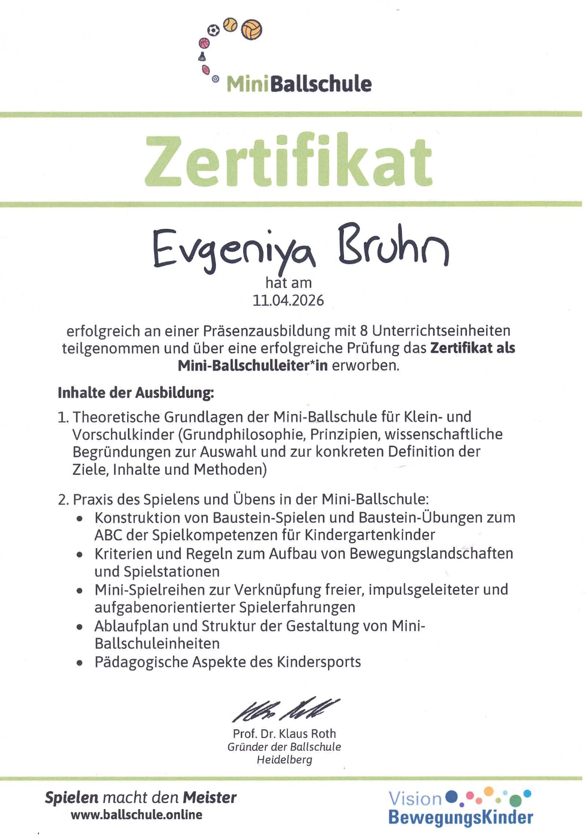 Ballschule Heidelberg - Mini-Ballschule - Zertifikat 2026
