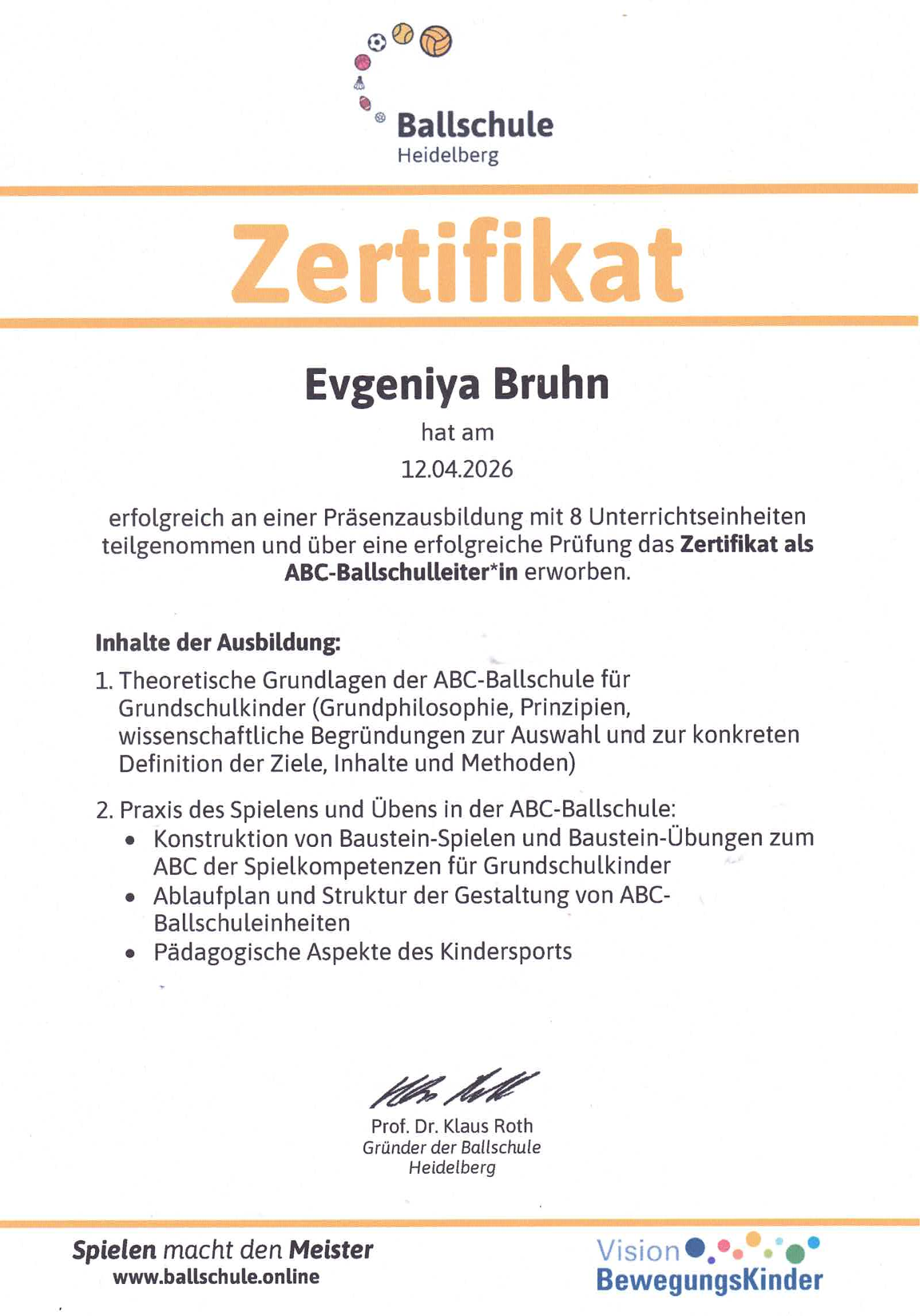 Ballschule Heidelberg - ABC-Ballschule - Zertifikat 2026