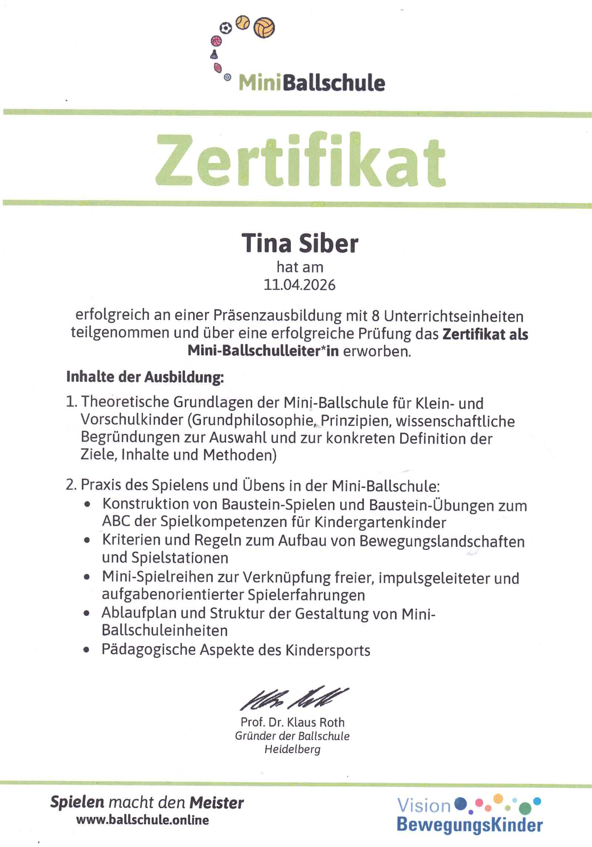 Ballschule Heidelberg - Mini-Ballschule - Zertifikat 2026