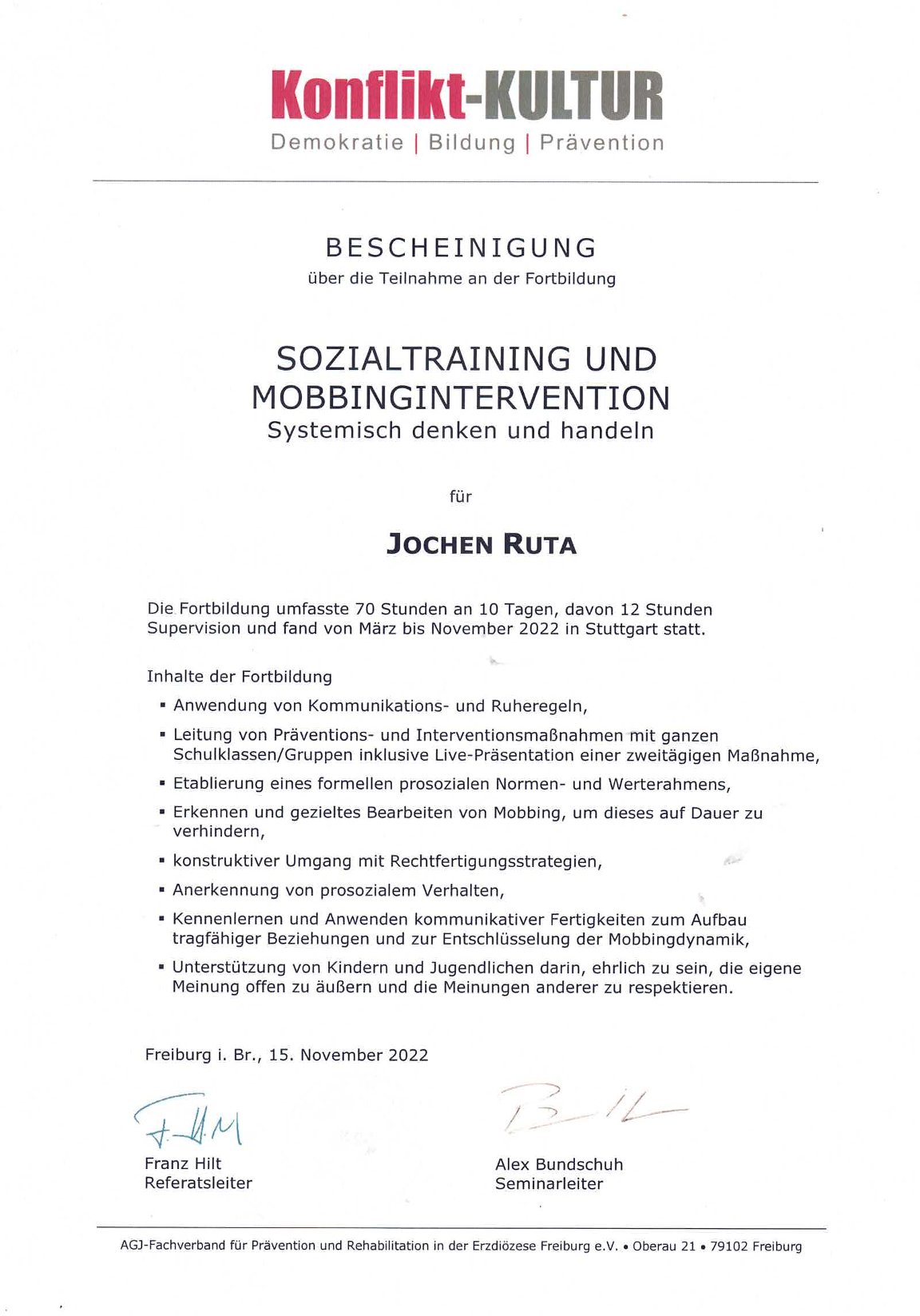 Konflikt-Kultur - Fortbildung Sozialtraining/Mobbingintervention 2022