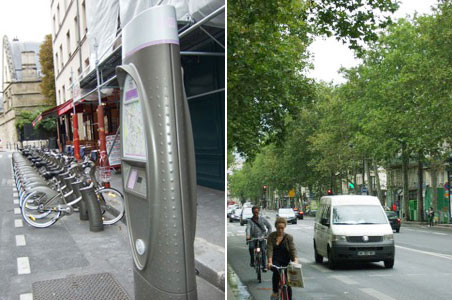 左:ハンドルに置き場地図案内。/右:適宜な運動がわりの自転車も、折角作られた自転車道でなく、車道脇を走るのでかなり危ない。(Bd. Beaumarchais)