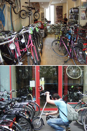 上:バスチーユ近くの自転車屋/下:Vélib'のおかげで、さまざまな型の自転車が復活して盛況。