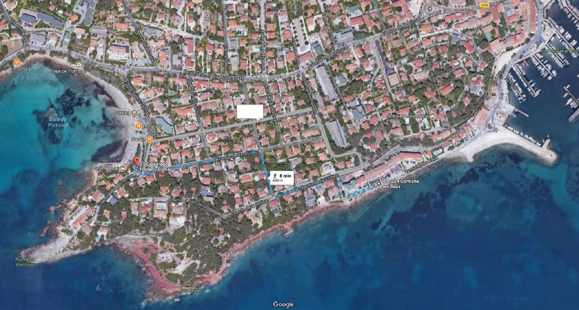 Vue satellite itinéraire plage Portissol Sanary