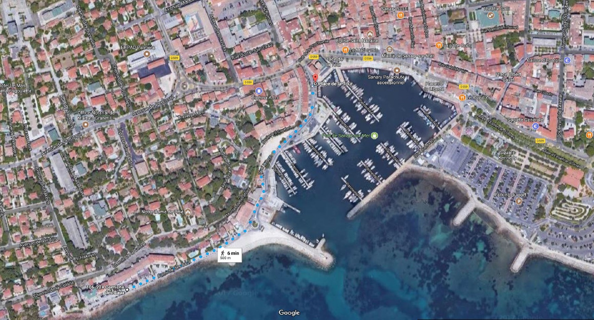 Vue satellite itinéraire port Sanary