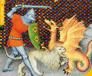 Yvain combattant un dragon avec l'aide de son lion.