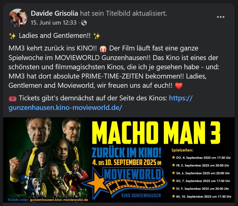 Ankündigung via Facebook (Davide Grisolia, Beitrag vom 15.06.2025)