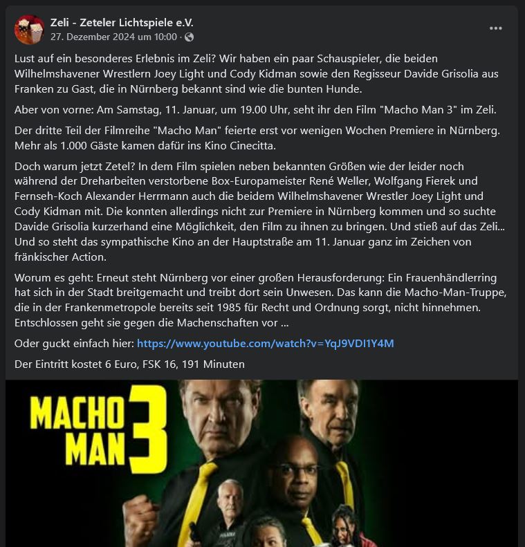 Beitrag vom ZELI-KINO auf Facebook (am 27. Dezember 2024)