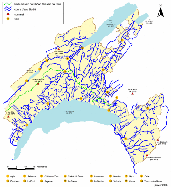 Les limites du bassin du Rhône et du bassin rhénan
