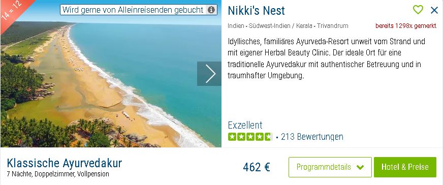 Ayurveda Urlaub Indien im beliebten Strandhotel Nikki's Nest Kerala mit Flug beim Asien-Reiseexperten Olaf Diroll