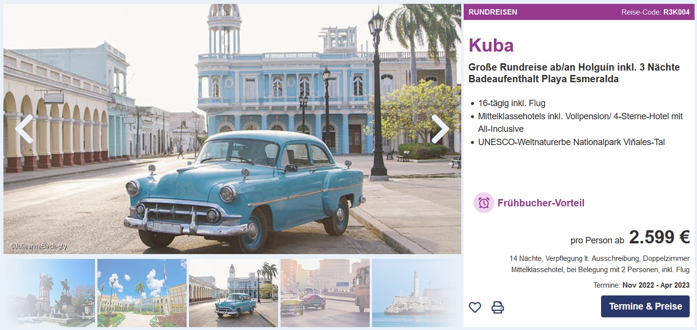 Kombireise Kuba 23 Nächte Hotel Havanna & Badeurlaub all inclusive