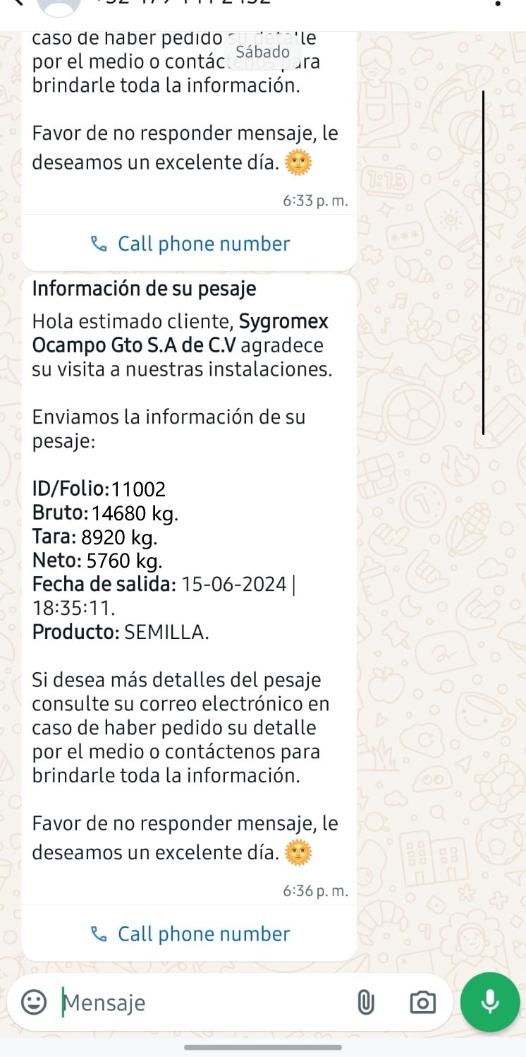 Notificación de pesaje por whatsapp