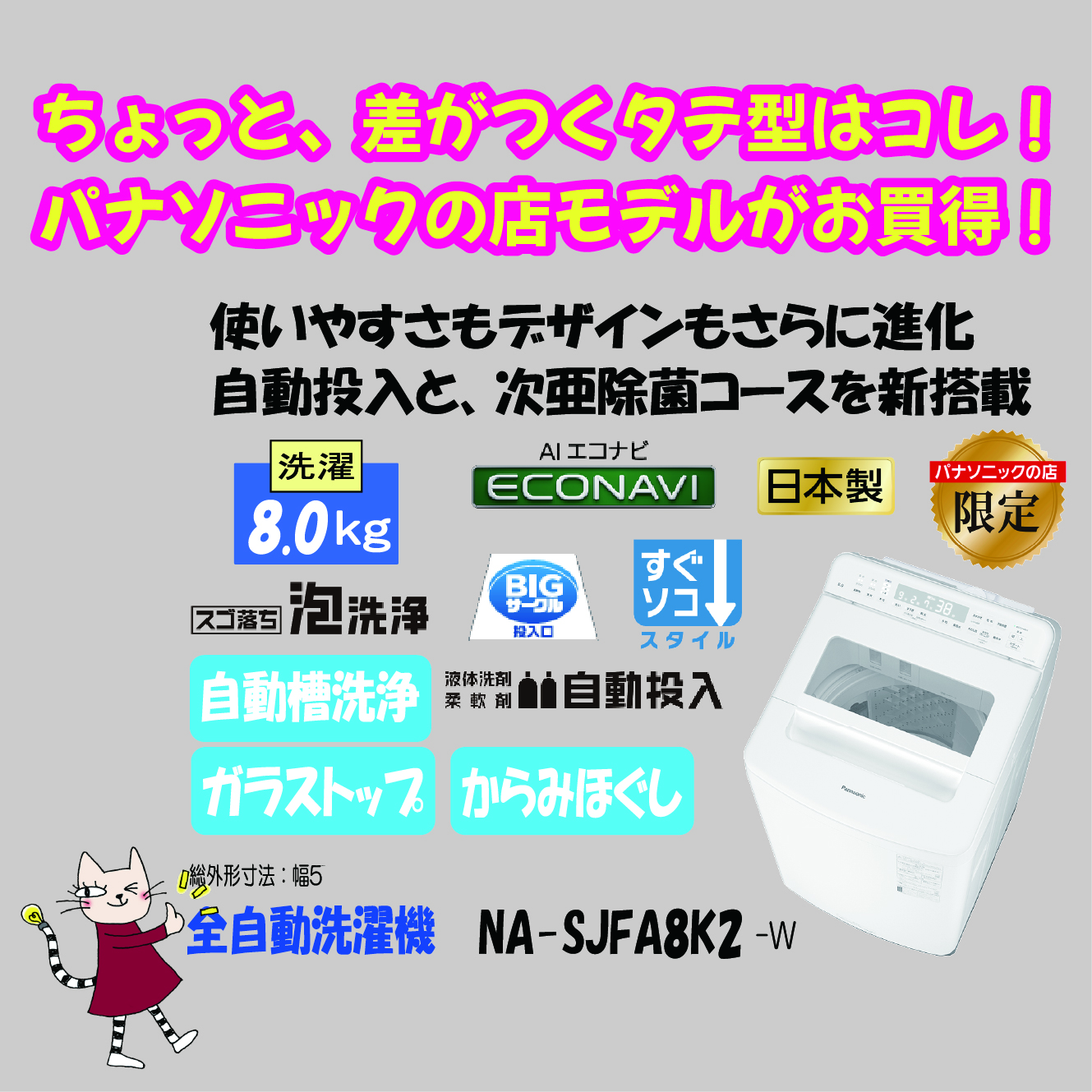 パナソニックの店限定モデル NA-SJFA8K2 ちょっと差がつく8Kg パナソニックの店限定モデル NA-SJFA8K2 ちょっと差がつく8Kg