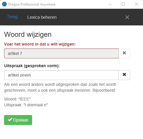 Lexicon wijzigen van Dragon Professional Anywhere