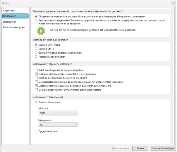 Opties en tekst invoer met dicteervenster