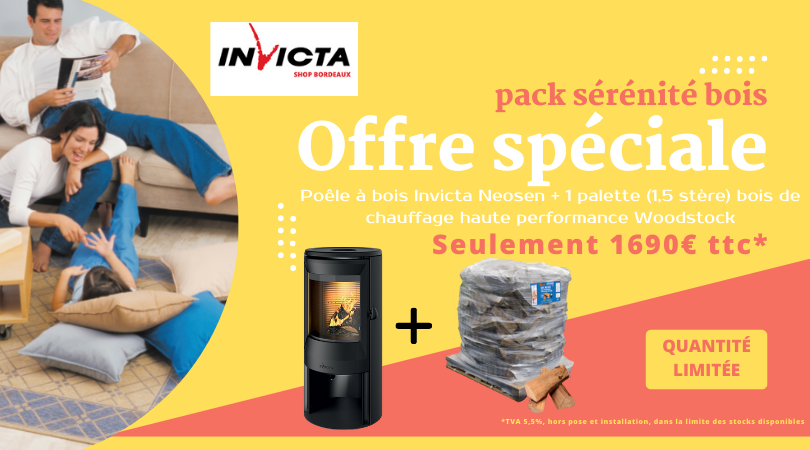 pack sérénité : votre poêle à bois Invicta Neosen + 1 palette (1,5 stère) bois de chauffage haute performance Woodstock