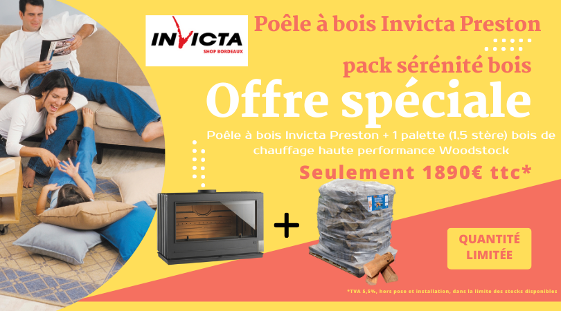pack sérénité : votre poêle à bois Invicta Preston + 1 palette (1,5 stère) bois de chauffage haute performance Woodstock