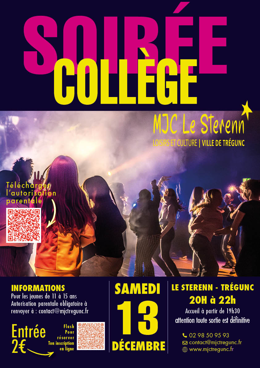 SAM 13 DÉC. SOIRÉE COLLÈGE DE 20h à 22h au Sterenn