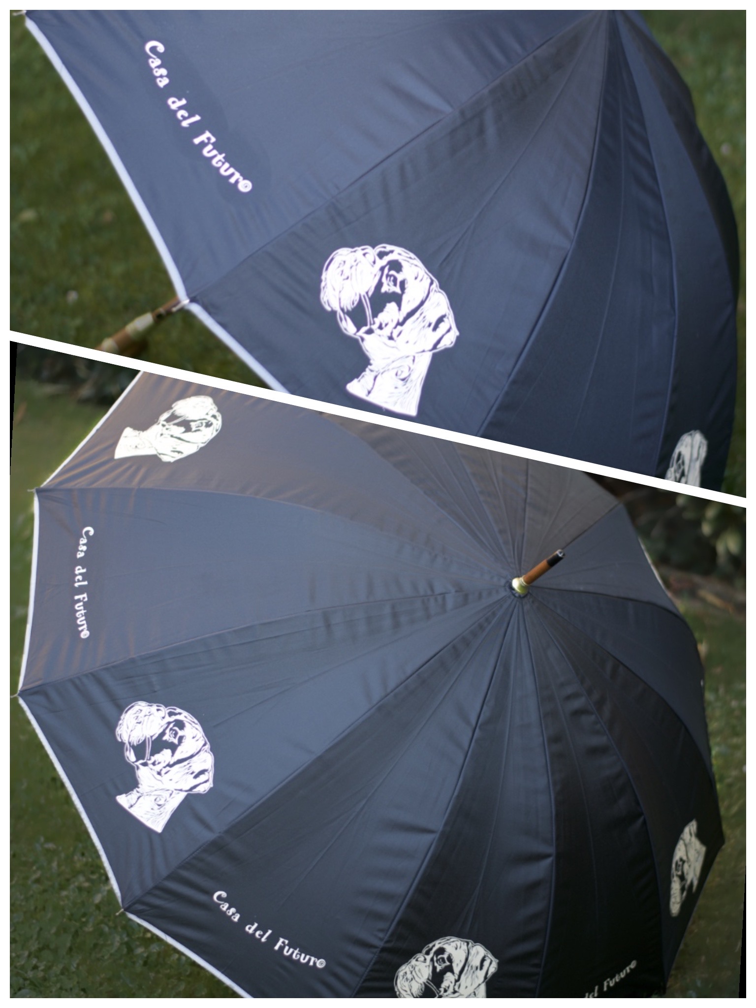 Regenschirm mit Schriftzug und Boxerkopf