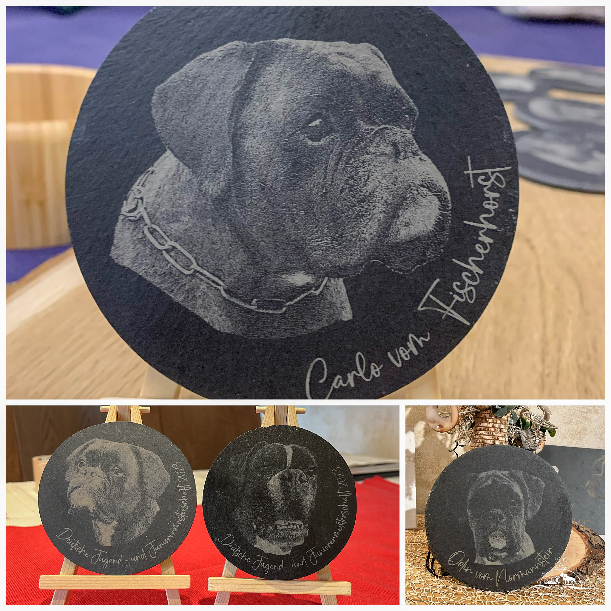 Verschiedene Boxerköpfe nach Vorlage (Foto) mit Schriftzug auf Schieferplatte rund (Durchmesser 10 cm) auf Staffelei (Holz)