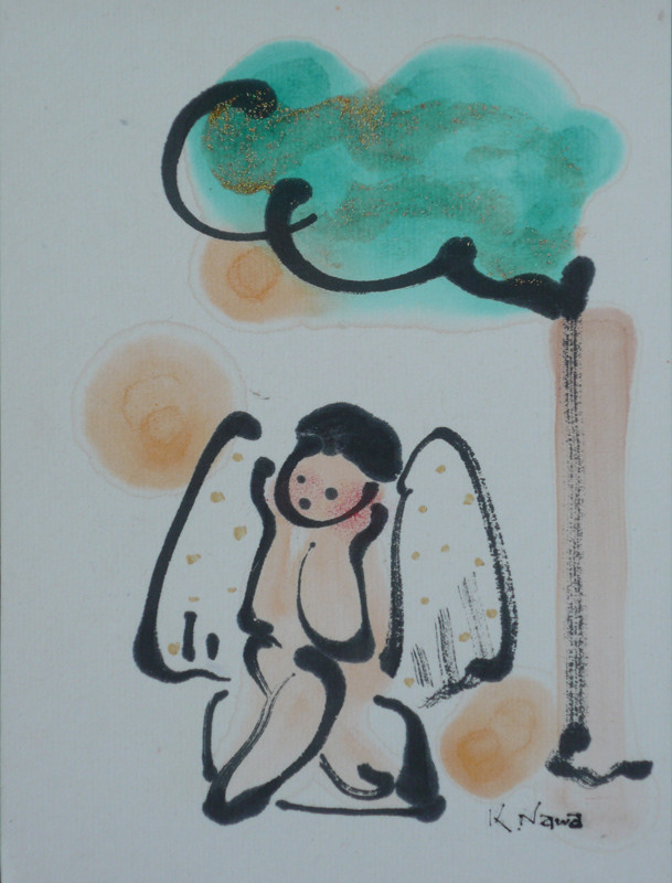angel resting om his chin   170㎜×125㎜　watercolor paints   sumi