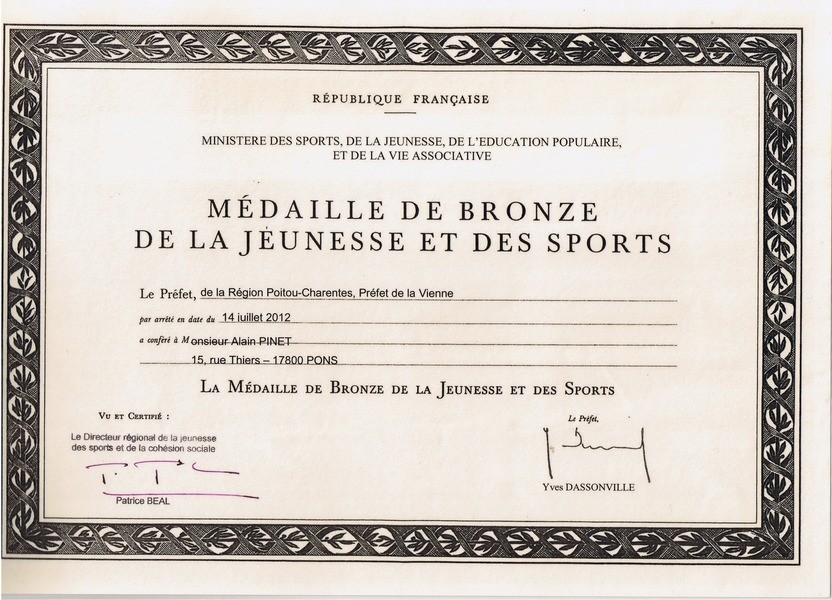 Médaille de Bronze de la jeunesse et des sports Site du btc pons